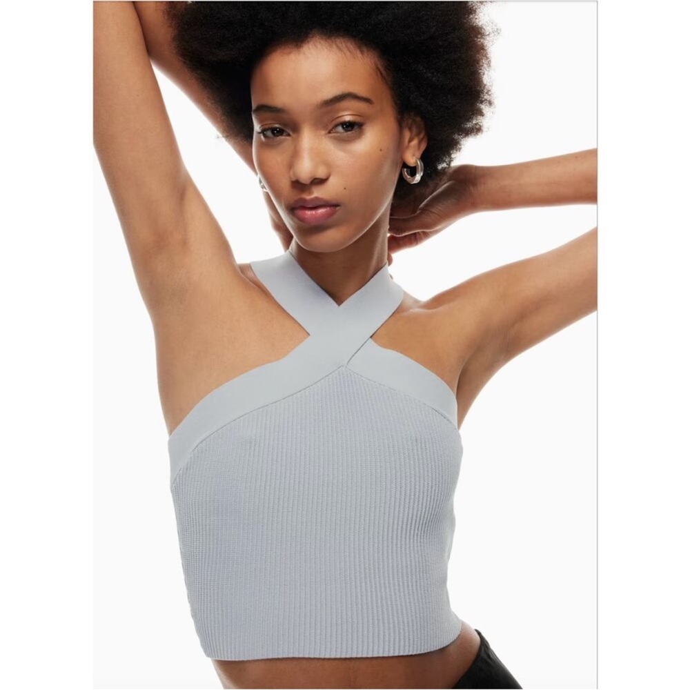 Women's Babaton Sculpt Knit Criss Cross Cropped X Tank Top Small Cement Blue